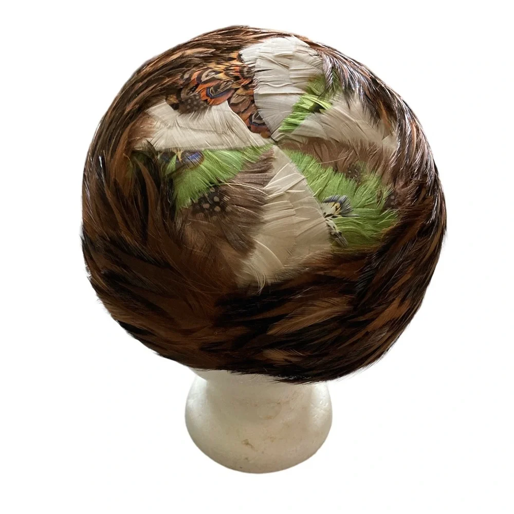 Pheasant Feather Pillbox Hat Union Made in USA Wire Support Felt Vintage Classic - Picture 4 of 7